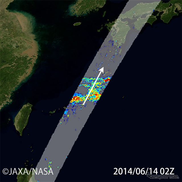2014年6月14日11時ごろDPRで観測された沖縄付近でDPRが地表面の降水を観測した画像