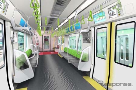 E235系量産先行車の室内イメージ。広告はデジタルサイネージ化する。