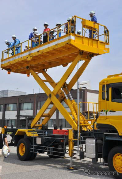 ヘルメットを被って高所作業車への乗車体験