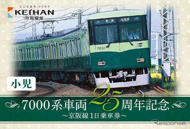 7000・8000系の記念切符も2200系と同様の構成となっており、大人用は現在の姿、子供用はかつての姿をデザインしている。画像は7000系の子供用。