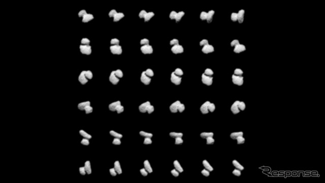 ロゼッタ探査機のOSIRISカメラが2014年7月14日、67P/チュリュモフ・ゲラシメンコ彗星に接近し20分間隔で36枚撮影した最新の画像。