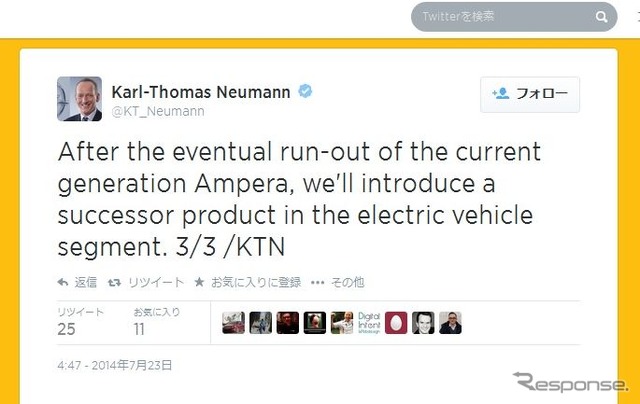 オペル・アンぺラについての発表をTwitterで行ったオペルのカール-トーマス・ノイマンCEO