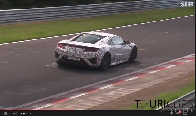 独ニュルブルクリンクでテスト走行をおこなうホンダ次期NSXのプロトタイプ（Youtubeスクリーンショット）