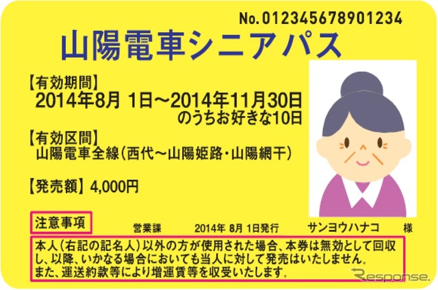 「山陽電車シニアパス」の券面イメージ。満70歳以上の人が利用できるフリー切符として8月1日から発売される。