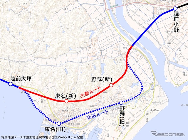運休区間のうち陸前大塚~陸前小野間は津波対策として内陸寄りのルートに変更される。