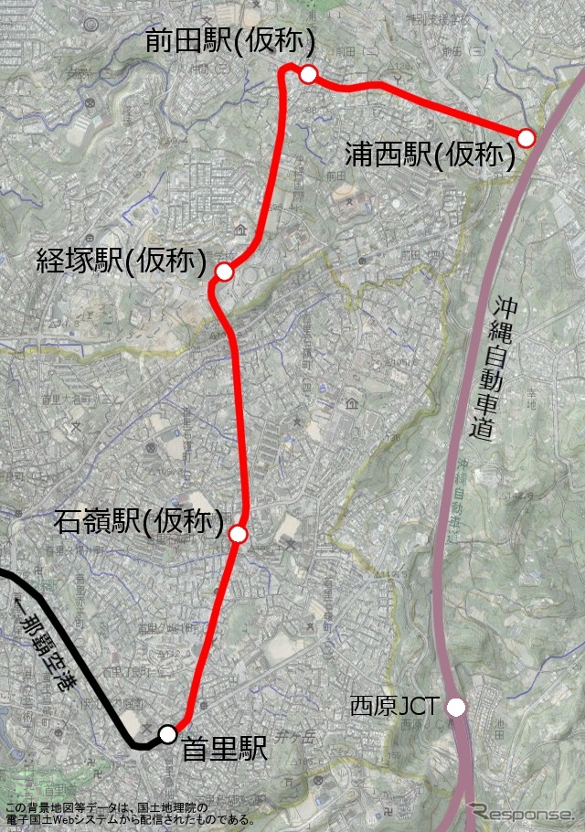 ゆいレール延伸区間のルート。終点を含む4駅が新たに設けられる。