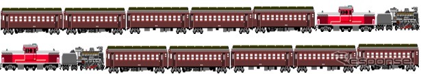 8月15日からのSL『やまぐち』号の編成図。上がC56形蒸気機関車を先頭にした新山口~地福間の往路、下がDD51形ディーゼル機関車を先頭にした復路