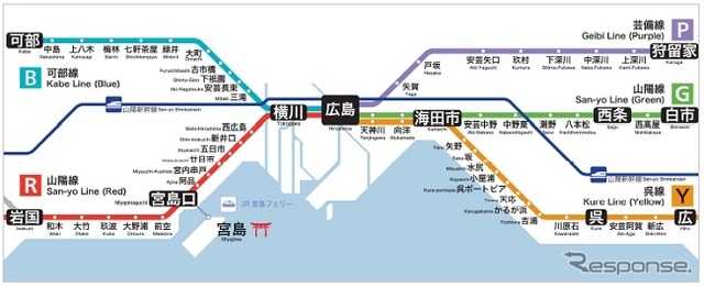 広島エリアでは広島駅を中心に広がる5線にラインカラーを設定し、各カラーの頭文字を路線記号として付与する。