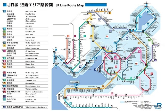 路線記号を追加した近畿エリアの路線図。JR京都線などで構成される敦賀~上郡・播州赤穂間を「A」、大阪環状線を「O」とし、それ以外の路線はほぼ分岐駅順にアルファベットを付与する。