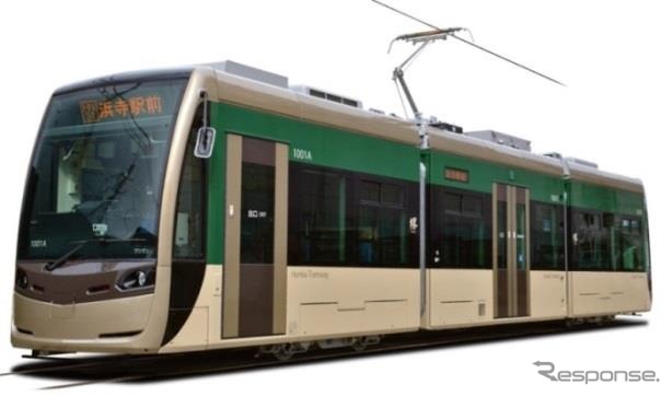 2013年から運転を開始した1編成目の「茶ちゃ」。側面上部の塗装は編成ごとに異なっており、「茶ちゃ」は緑色となっている。