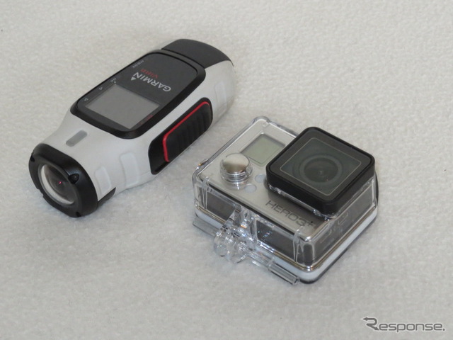 GoProとのサイズ比較。多機能だけあってVIRBのほうが若干大きく重い。