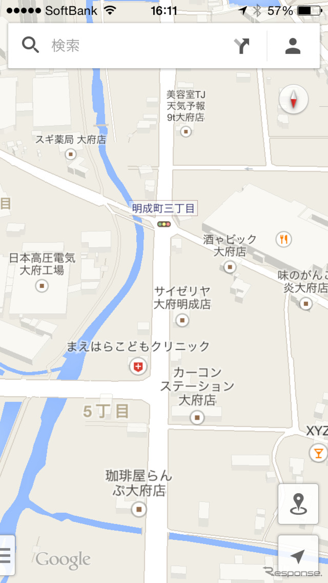 Google Mapsの地図を先ほどの比較地の図状態からほんの少しズームすると、このような3D表示になる。この縮尺で比較すればGoogle Mapsが一番リアルだ
