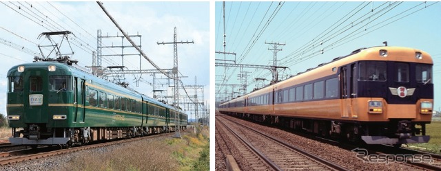 青山町車庫で連結される「かぎろひ」（左）と12200系（右）。両編成を連結した撮影会が青山町車庫で行われる。