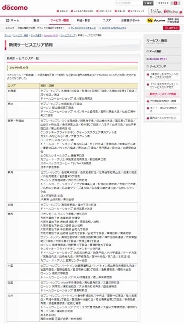 docomo Wi-Fi 新規サービスエリア情報