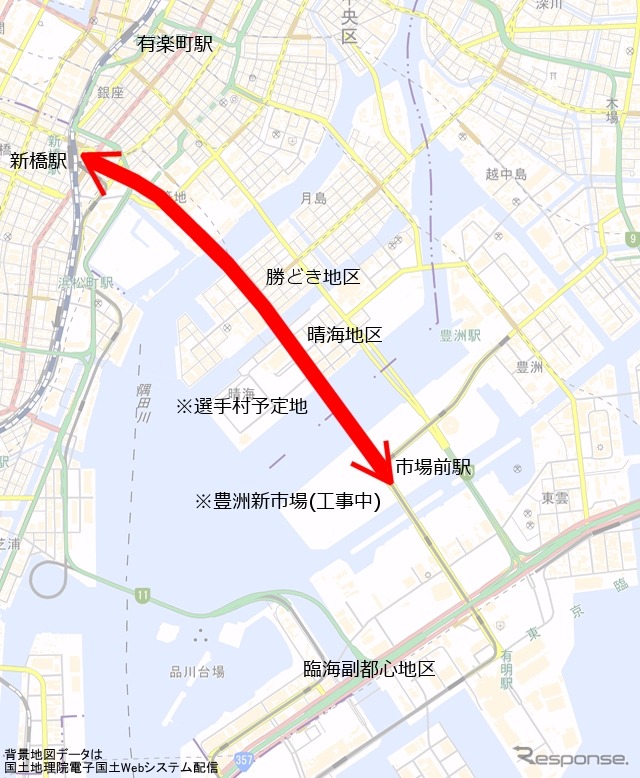 都の基本方針による都心～臨海副都心間の公共交通の対象エリア。環状2号線にBRTなどの中量交通システムを導入することが想定されている。