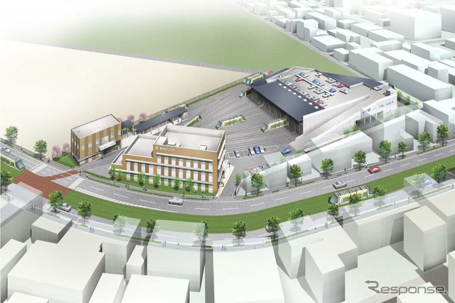新しい交通局局舎と電車施設。JT工場跡地に建設される。