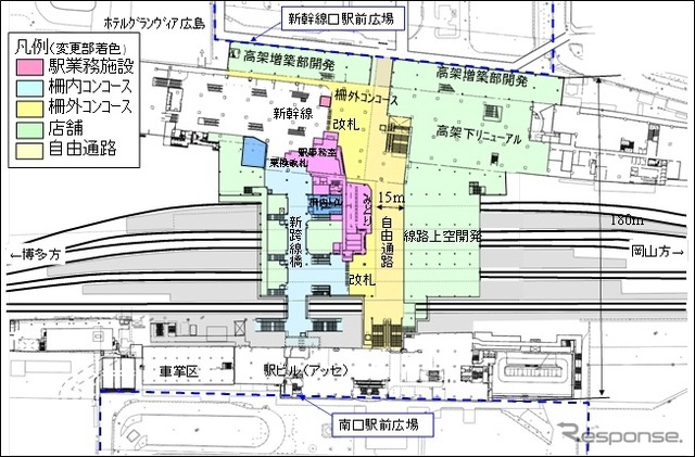 広島駅改良工事計画の平面図。今後は現在のこ線橋を撤去して自由通路の工事を進める。