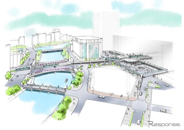 広島市がまとめた基本方針による広島駅南口周辺のイメージ図。路面電車の広島駅~稲荷町間は現在の迂回ルートから駅前大橋を通るルートに変更し、このうち広島駅停留場(右)から駅前大橋付近(中央)までは高架軌道を走る。