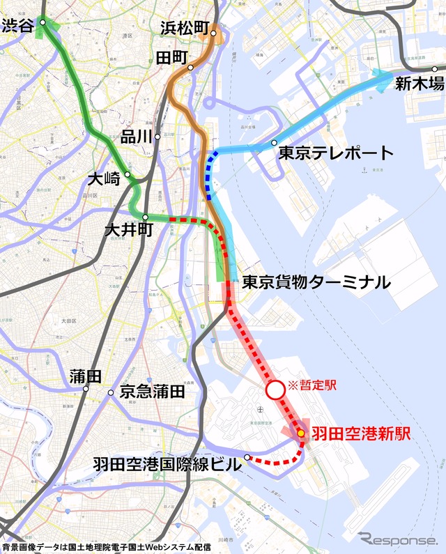 JR東日本が第4回小委員会で説明した羽田空港アクセス線のルート。東京貨物ターミナル～羽田空港間などに新線（赤点線）を建設するほか、既設の車庫線（青点線）や休止貨物線（浜松町～東京貨物ターミナル）を活用する。新宿・渋谷方面（西山手ルート）と東京方面（東山手ルート）、新木場方面（臨海部ルート）から羽田空港に直通する列車を走らせる。オリンピックの開催に間に合わせるため、羽田空港新駅の手前に「暫定駅」を設けて臨海部ルートのみ暫定開業することも検討されている。