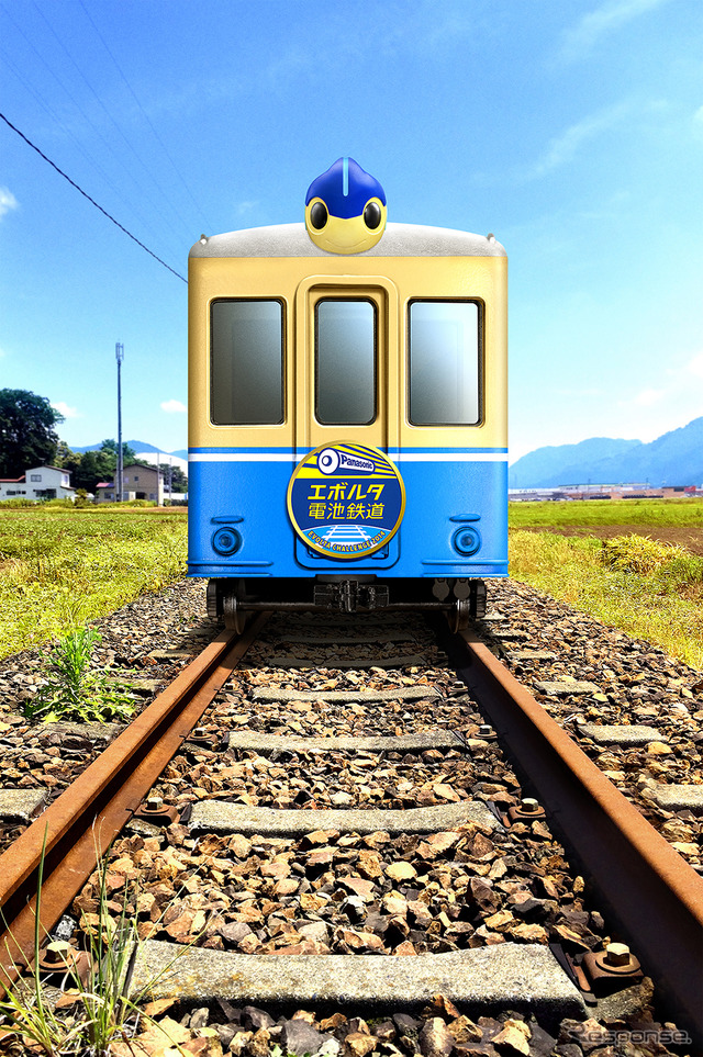 10月中旬完成予定の「乾電池電車」のイメージ。EVOLTAイメージキャラクターの「エボルタくん」をデザインする。