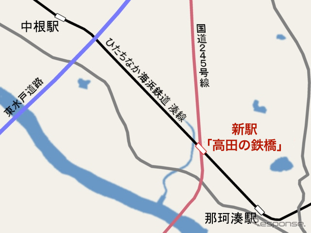 10月1日に開業する湊線の新駅「高田の鉄橋」の位置。国道245号の高架下に建設される。