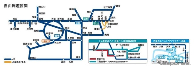 JR西日本が9月12日から発売する「秋の関西1デイパス」のフリー区間。関西圏のJR線のほか近江鉄道も1日自由に乗り降りできる。