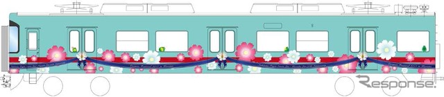 9月20日から運転を開始する「コスモス電車」車体側面のイメージ。7050形2両編成2本がラッピング車両になる。