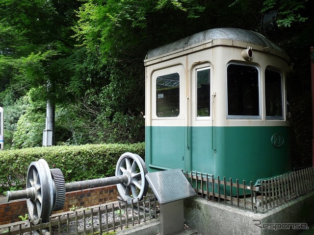 「偽物」になる前のデナ21形21号。鞍馬駅で車体先頭部のほか車輪も展示されている。