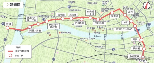 細目協定に基づく運行計画の路線図。新潟駅前～青山間にBRT駅を16駅設ける。