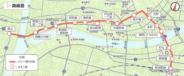 細目協定に基づく運行計画の路線図。新潟駅前~青山間にBRT駅を16駅設ける。