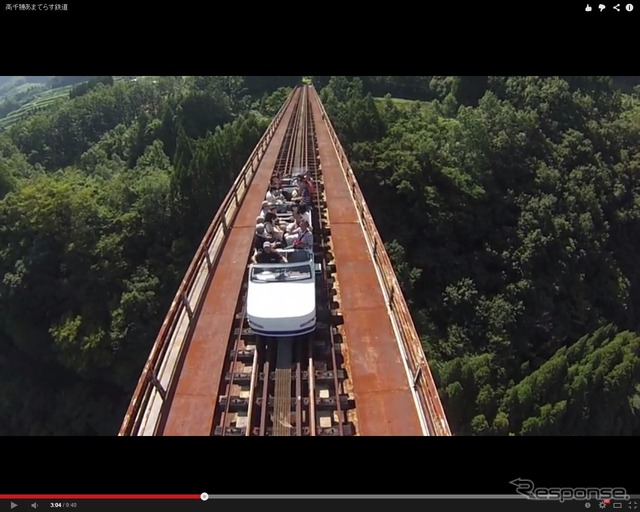 高千穂あまてらす鉄道がこのほど公開した動画の一コマ。高さ日本一の高千穂橋りょうをラジコンヘリで空撮した。