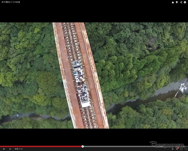 高千穂あまてらす鉄道がこのほど公開した動画の一コマ。高さ日本一の高千穂橋りょうをラジコンヘリで空撮した。