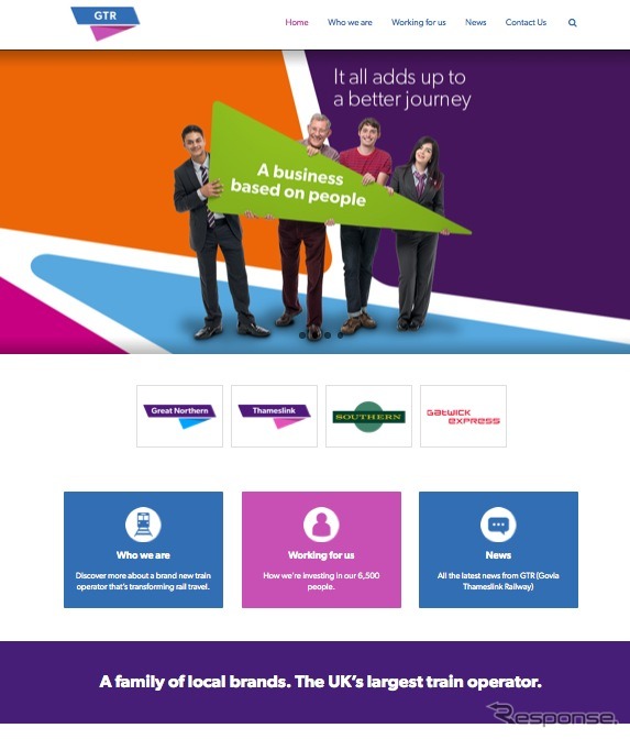 ゴヴィア・テムズリンク・レールウェイの公式サイト。ページ下部には「The UK’s largest train operator（英国最大の列車オペレーター）」との文字が入っている