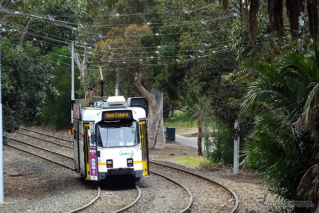 Melbourne Zoo駅付近の専用軌道を眺める。この電車はWest Coburg方面（Route 55）へと走るZ-class。