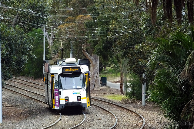 Melbourne Zoo駅付近の専用軌道を眺める。この電車はWest Coburg方面(Route 55)へと走るZ-class。