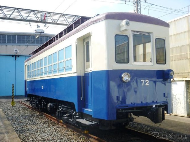 今回の乗車会では構内入替車「ワガヤネヤガワ号」（写真）のけん引により寝屋川車両基地内を走行する。