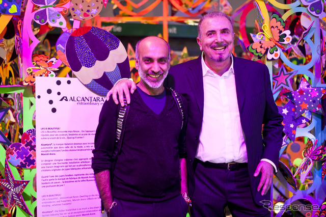 インド出身のファッションデザイナー マニッシュ・アローラ氏（左）とアルカンターラ社会長兼CEOのアンドレア・ボラーニョ氏（右）