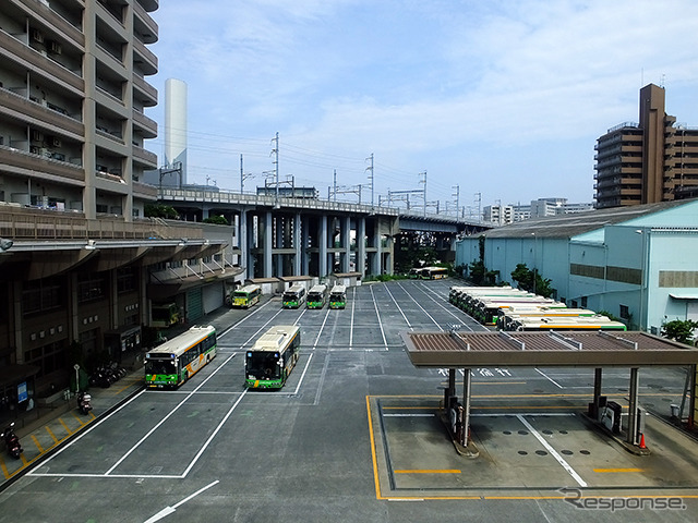 東京モノレールから都営バス港南支所を見下ろす。奥に見える高架橋は大井車両基地回送線と東海道貨物線