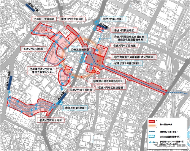 環状第二号線新橋・虎ノ門周辺地区の整備計画区域図。虎ノ門ヒルズ西側の桜田通りに日比谷線の新駅を整備する。銀座線虎ノ門駅や日比谷線神谷町駅の改良も行われる。