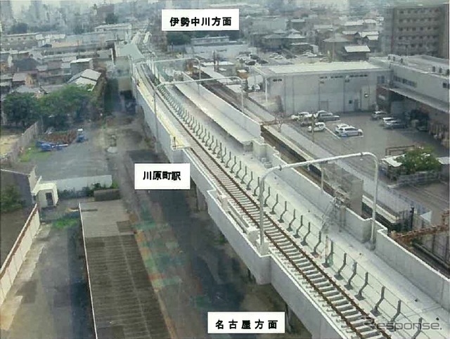 連立事業が実施されている川原町駅付近の様子。今回は下り線のみ高架化される。