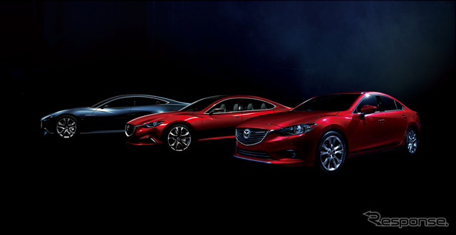 左からマツダ 靭(SHINARI)、マツダ 雄(TAKERI)、新型アテンザ(写真はMazda6欧州仕様)