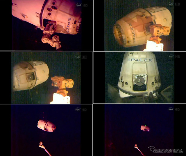 SSRMSから放出され、ISSを離れるドラゴン補給船運用4号機(出典:JAXA/NASA)
