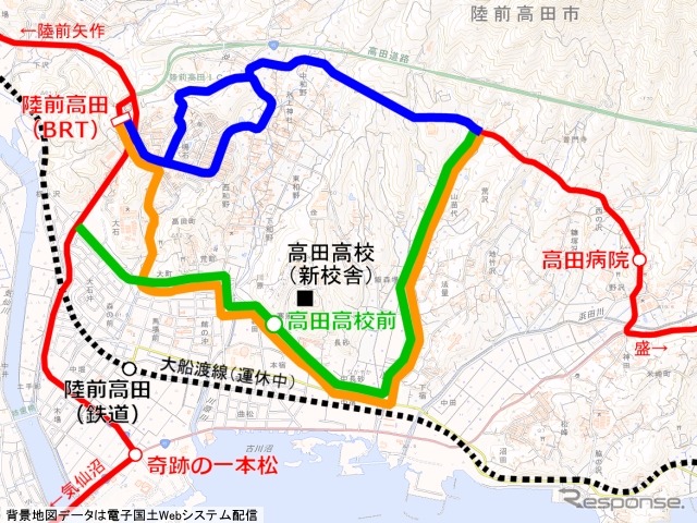 大船渡線BRTの陸前高田~高田病院間。現行ルート(青)は12月中旬から冬季ルート(オレンジ)に変更。2015年3月からさらにルートを一部変更(緑)し、高田高校前駅を新設する。