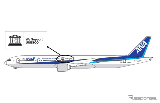 ANA、ユネスコのロゴをラッピングした機材で国際線を運航