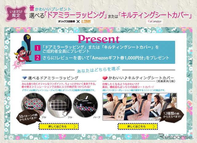 キルティングシートカバーまたはドアミラーラッピングをプレゼント