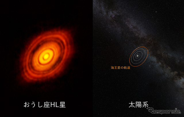 アルマ望遠鏡が観測したおうし座HL星の周囲の塵の円盤(左)と、太陽系の大きさ(右)を比較した図