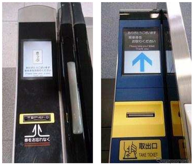 現在の改札機（左）と新型改札機（右）。新型改札機はカラー液晶ディスプレイを採用して視認性を向上させる。