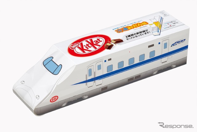 11月14日から販売されている「キットカットミニ 冷凍みかん味」。東海道新幹線の開業50周年を記念した限定商品で、新幹線型パッケージを採用している。