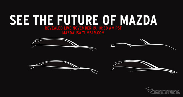 マツダの新型車の予告スケッチ。左上から時計回りにCX-5、ロードスター、CX-3、アテンザ