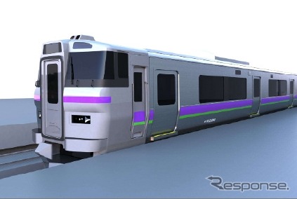 函館～新函館北斗間のアクセス列車に投入される733系1000番台。H5系の紫色とJR北海道のコーポレートカラーを組み合わせた帯を付ける。